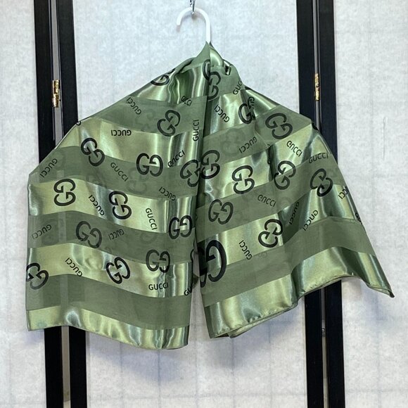 Alternating Sheer Opaque Stripe Gucci Text & G Logo Square Scarf Headscarf Olive - Picture 1 of 8